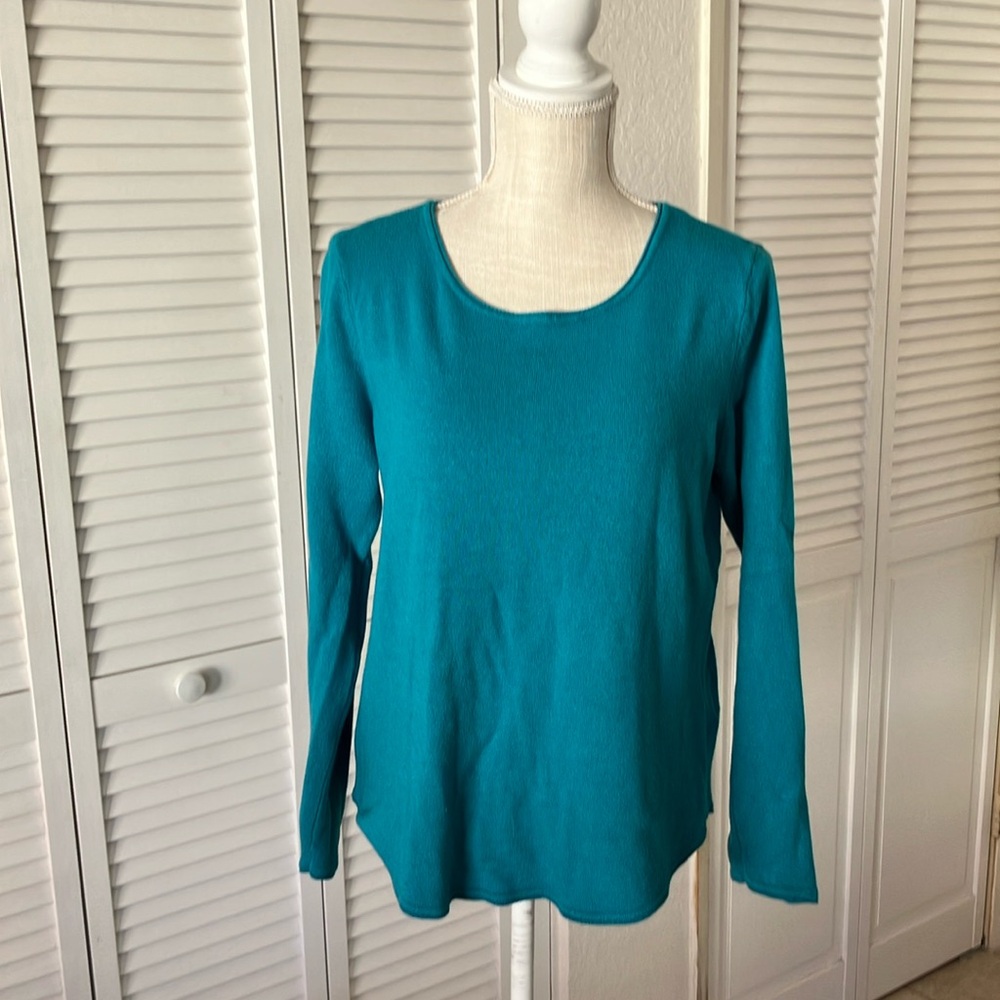 Marled Crew Neck Teal Fleece Sweater Top in a‎ blue green color size L